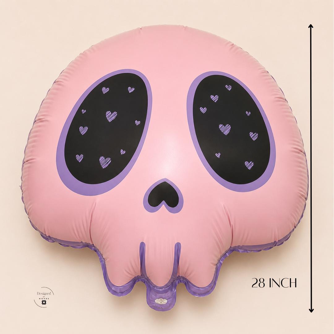 Birthday Party Balloon Kawaii Skull Shape Pink Gothic Halloween Theme Pastel Anime Heart Design Scalloped Edge Foil Mylar Inflatable Nine Inch Size Heart Eye Socket Details Heart Shaped Nose Purple Black Pink Color Gothic Celebration Supply