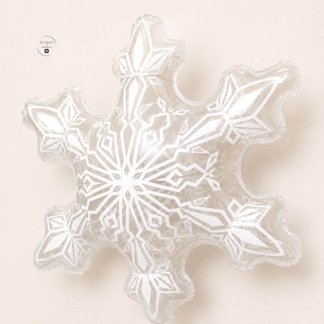 White Geometric Snowflake Balloon Large Mylar Design Six Pointed Crystal Pattern Frozen Birthday Party Decoration Winter Wonderland Theme Celebration Supplies Christmas Holiday Event Photo Prop Backdrop Air Filled Display Ice Princess Party