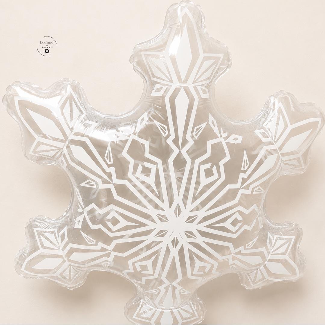 Large Snowflake Balloon White Mylar Design Six Pointed Geometric Pattern Frozen Birthday Party Decoration Winter Wonderland Theme Supplies Christmas Holiday Celebration Event Photo Backdrop Prop Air Filled Display Ice Crystal Shape Princess