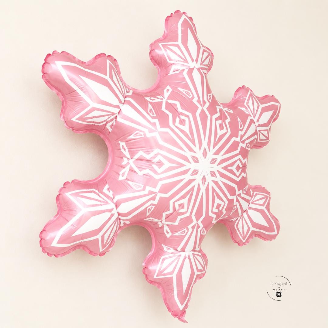 Transparent Pink Balloon Snowflake Design Winter Party Supply Mylar Foil Construction Large 29 Inch Birthday Celebration Decoration White Geometric Pattern Six Pointed Star Princess Themed Party Essential Air Filled Holiday Ornament