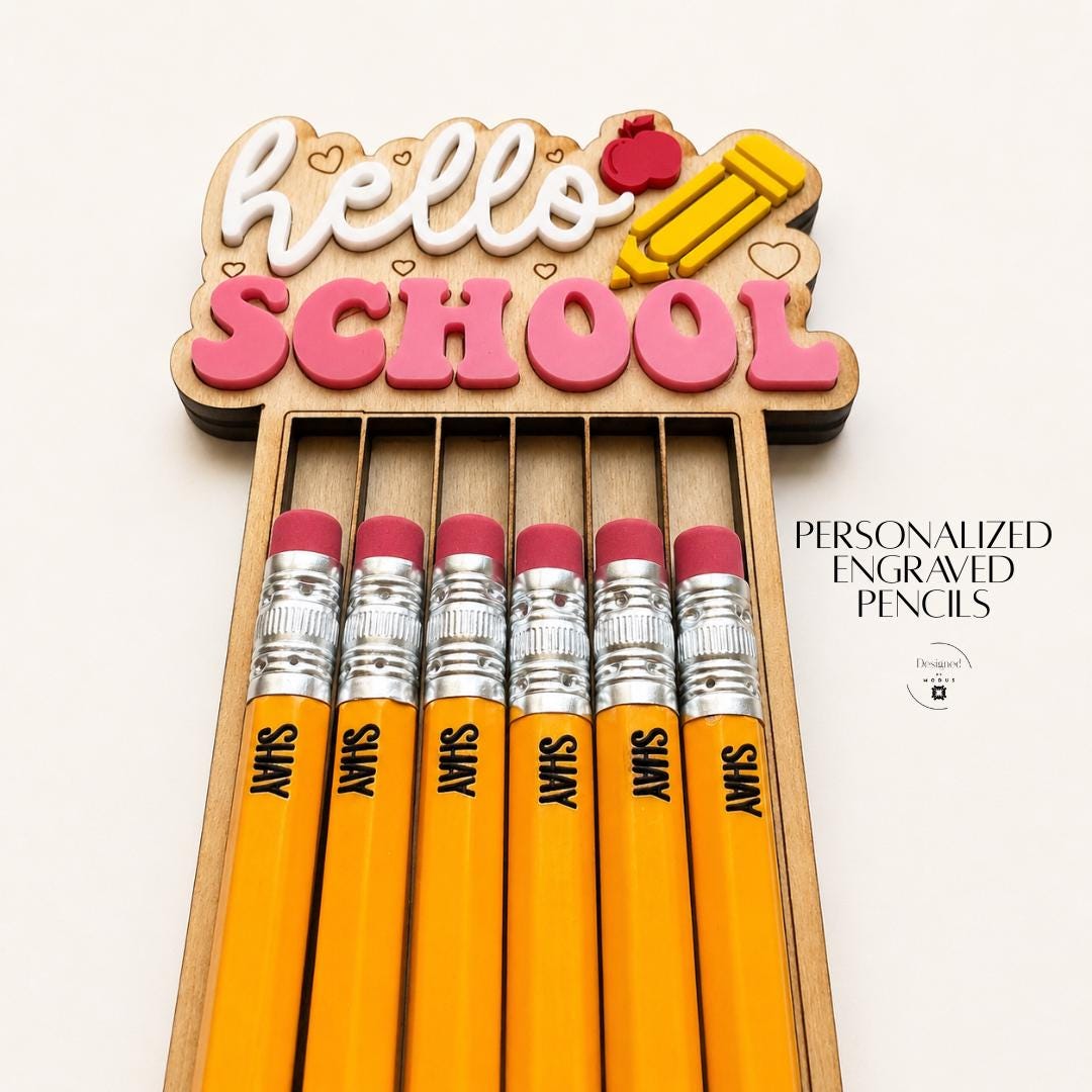 Wooden Pencil Holder Natural Desk Organizer Teacher Classroom Gift Custom Engraved Design Heart Details Hello School Text White Pink Yellow Red Apple Accents Back To School Essential Kindergarten Educator Present Perfect Appreciation Gift