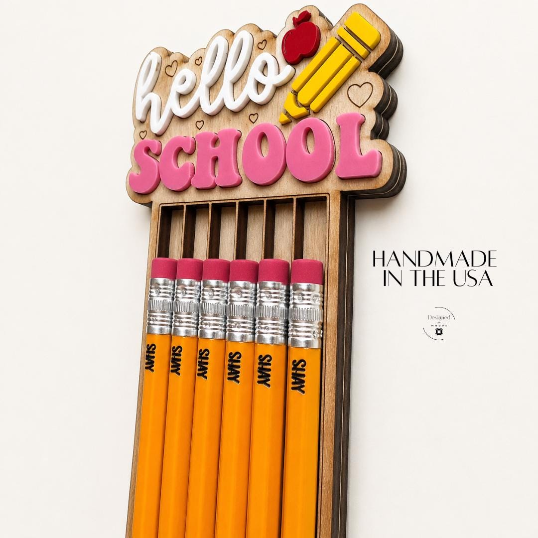 Teacher Desk Organizer Back To School Gift Kindergarten Classroom Essential Wooden Pencil Holder Natural Wood Construction Custom Engraved Design Heart Details Hello School Text White Pink Accents Yellow Pencil Red Apple Decoration Perfect
