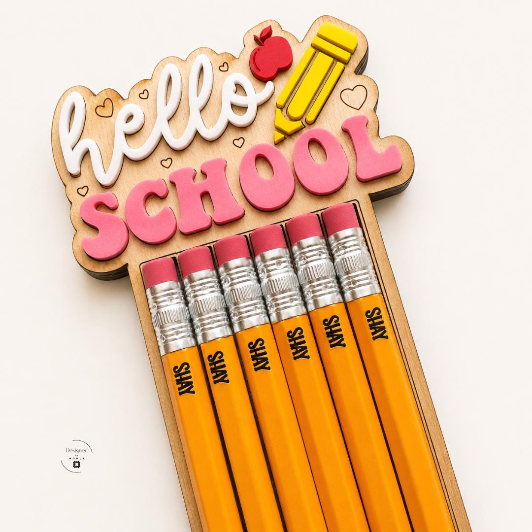 Teacher Desk Organizer Back To School Gift Kindergarten Classroom Essential Wooden Pencil Holder Natural Wood Construction Custom Engraved Design Heart Details Hello School Text White Pink Accents Yellow Pencil Red Apple Decoration Perfect