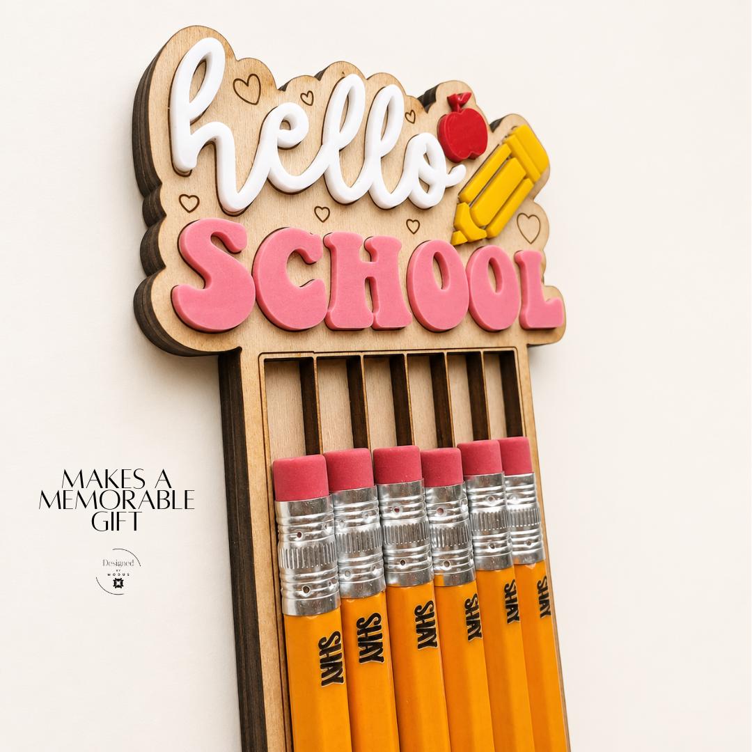 Classroom Supply Caddy Teacher Desk Organizer Wooden Natural Pencil Holder Custom Engraved Gift Back To School Essential Kindergarten Educator Appreciation Present Heart Details Hello School Design White Pink Accents Yellow Pencil Red Apple