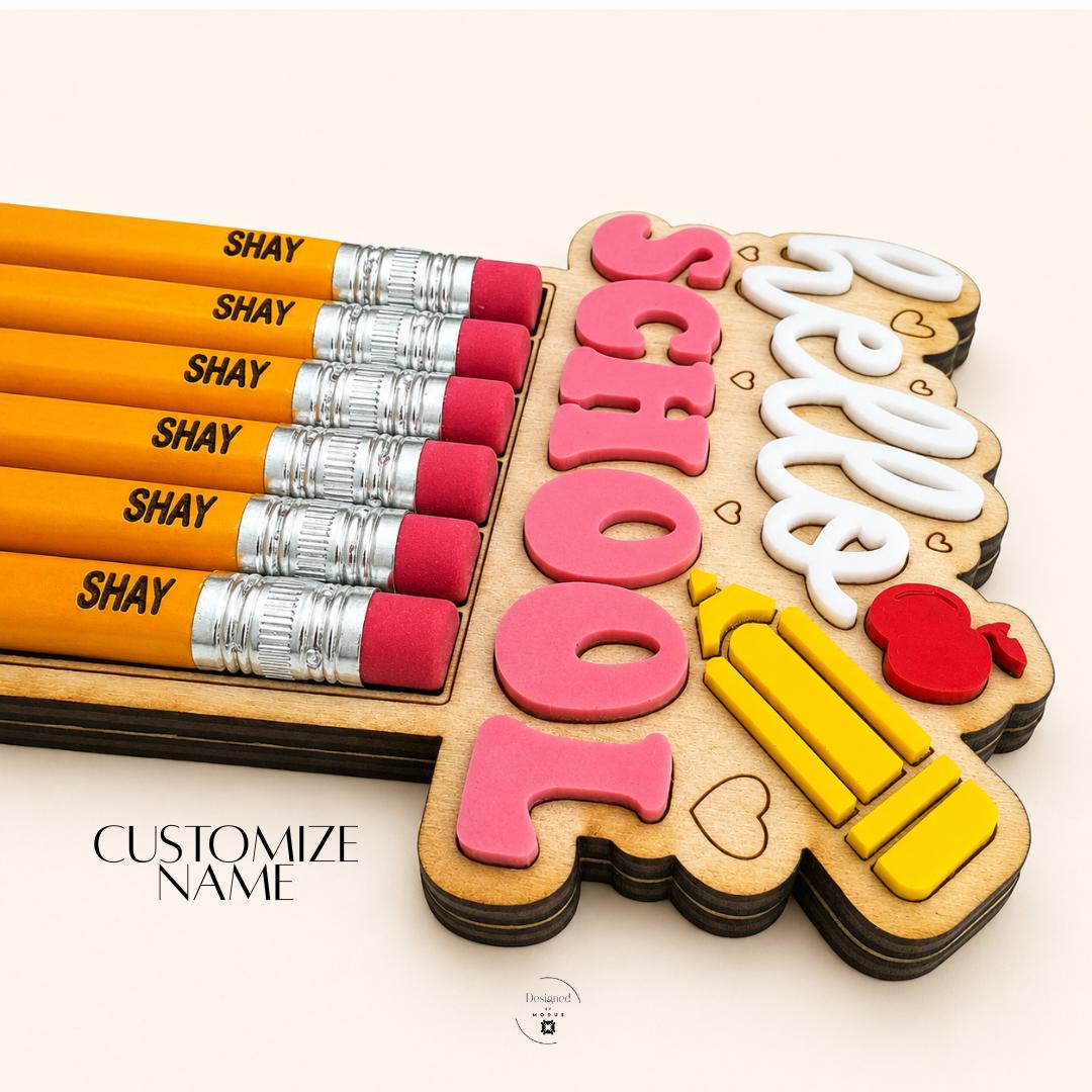 Wooden Pencil Holder Natural Desk Organizer Teacher Classroom Gift Custom Engraved Design Heart Details Hello School Text White Pink Yellow Red Apple Accents Back To School Essential Kindergarten Educator Present Perfect Appreciation Gift