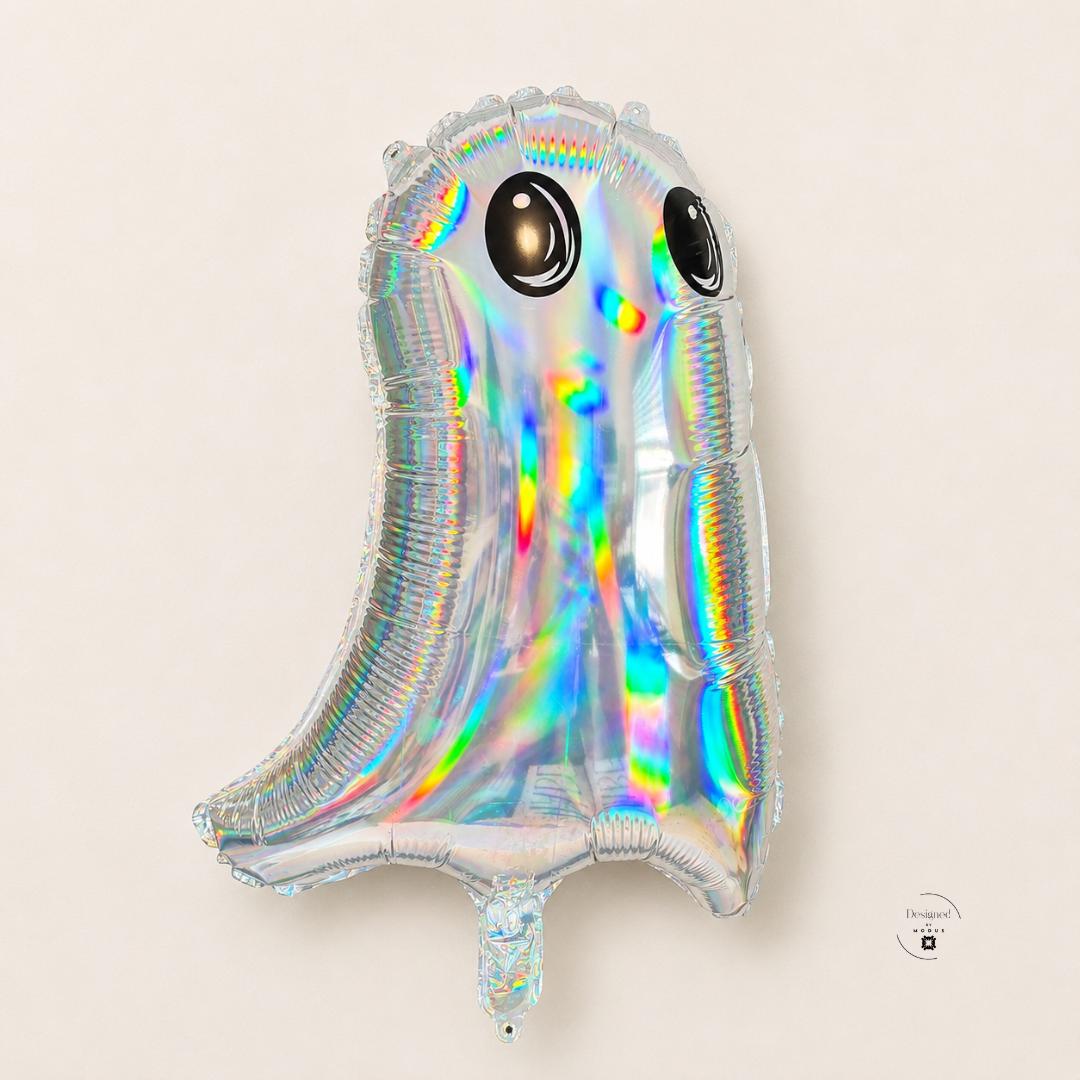Halloween Party Decoration Ghost Themed Birthday Celebration Prop Balloon Holographic Iridescent Mylar Foil Inflatable Nineteen Inch Rainbow Reflective Shimmering Surface Cartoon Eyes Cute Design Air Filled Indoor Display Festive Accent