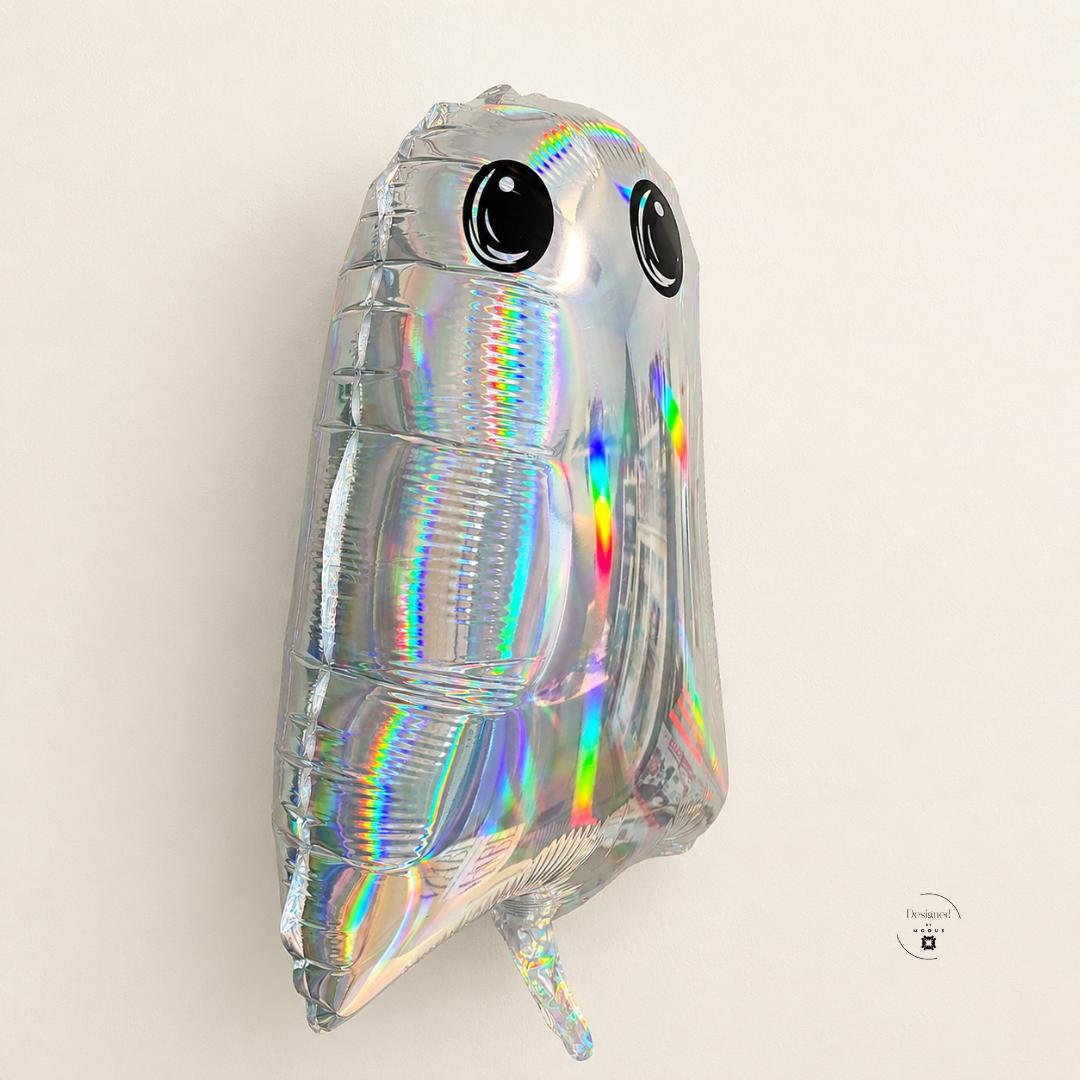 Cute Cartoon Ghost Balloon Halloween Party Decoration Birthday Celebration Prop Holographic Iridescent Rainbow Reflective Mylar Foil Inflatable Nineteen Inch Air Filled Indoor Display Festive Accent Event Supplies Room Centerpiece Photo