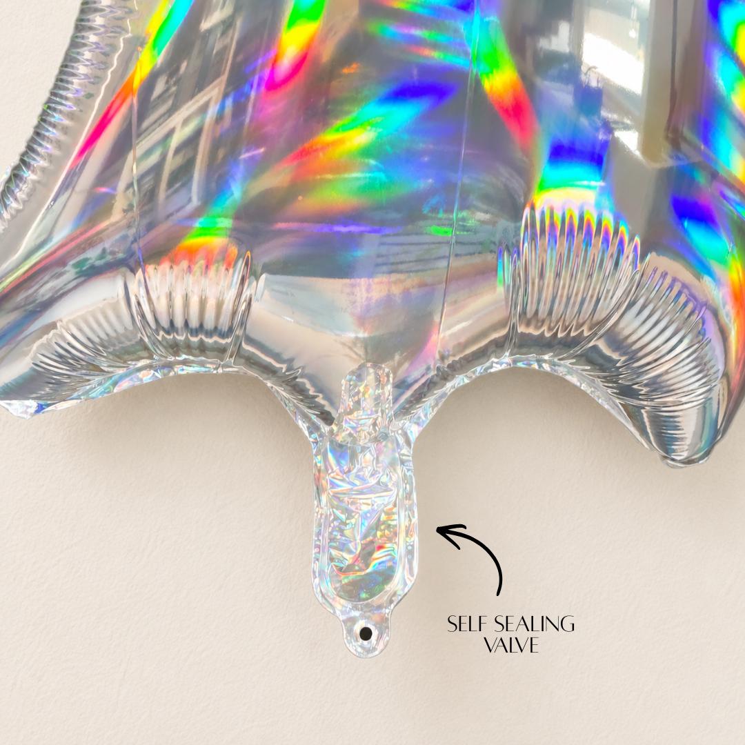 Holographic Iridescent Balloon Rainbow Reflective Shimmering Mylar Foil Ghost Themed Party Decoration Halloween Birthday Celebration Prop Nineteen Inch Inflatable Cute Cartoon Design Air Filled Display Festive Accent Indoor Event Supplies