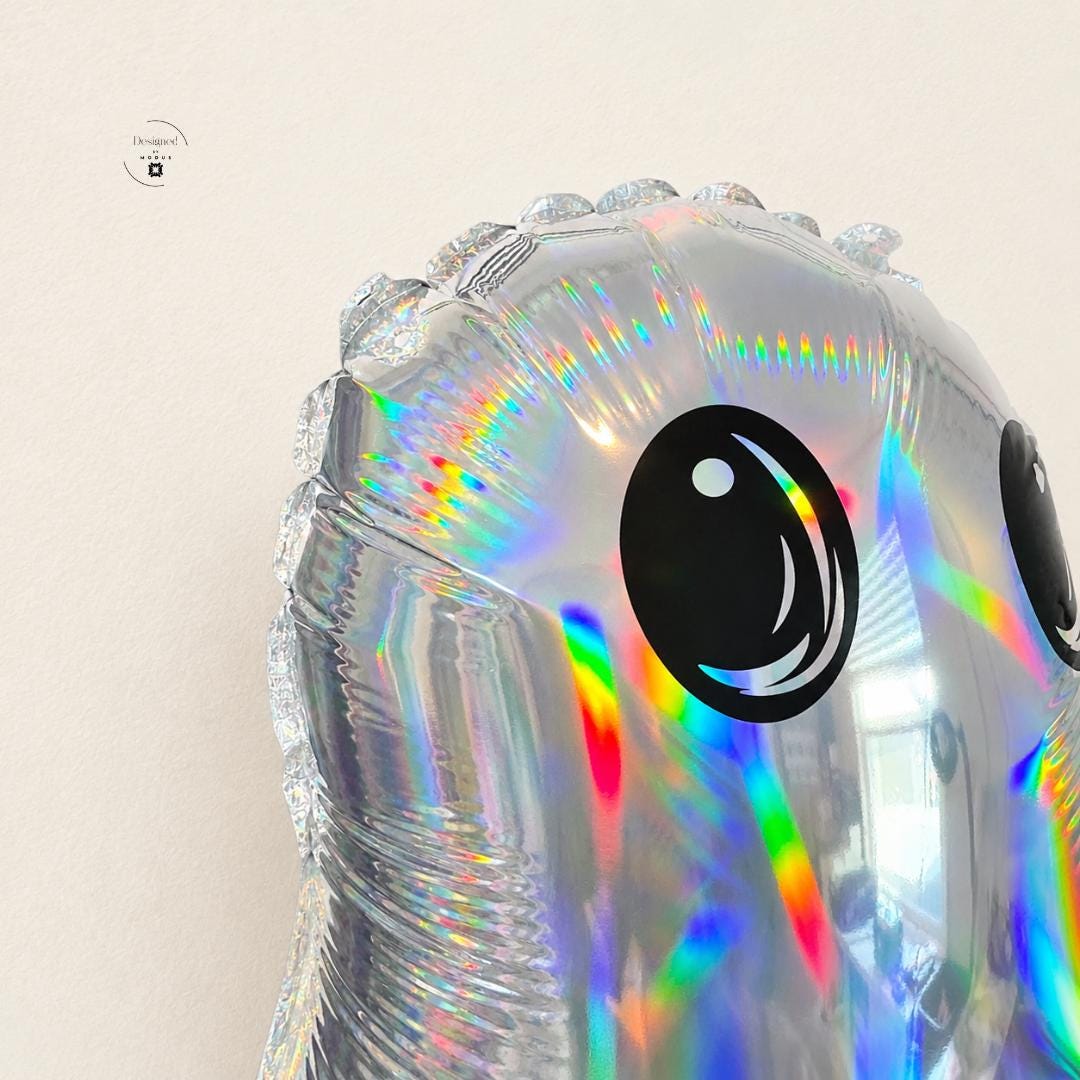 Birthday Celebration Prop Balloon Ghost Themed Party Decoration Halloween Event Supplies Holographic Iridescent Rainbow Reflective Mylar Foil Inflatable Nineteen Inch Cute Cartoon Design Air Filled Indoor Display Festive Accent Room