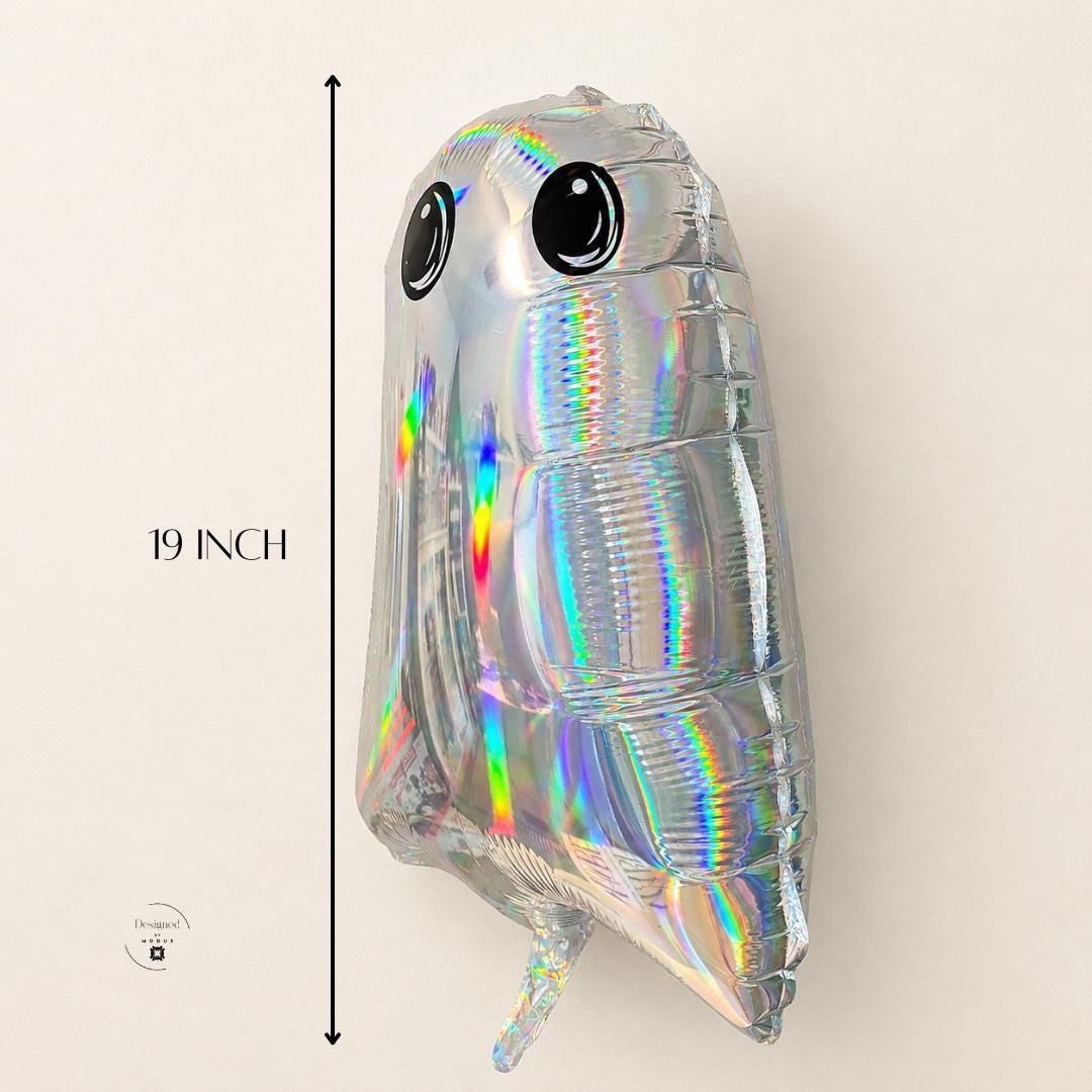 Birthday Celebration Prop Balloon Ghost Themed Party Decoration Halloween Event Supplies Holographic Iridescent Rainbow Reflective Mylar Foil Inflatable Nineteen Inch Cute Cartoon Design Air Filled Indoor Display Festive Accent Room