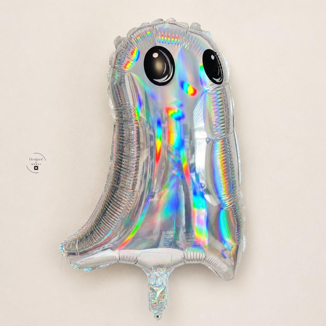 Halloween Party Decoration Ghost Themed Birthday Celebration Prop Balloon Holographic Iridescent Mylar Foil Inflatable Nineteen Inch Rainbow Reflective Shimmering Surface Cartoon Eyes Cute Design Air Filled Indoor Display Festive Accent