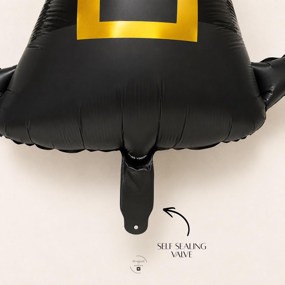 Photo Booth Prop Accessory Witch Hat Balloon Party Decoration Black Foil Mylar Inflatable Air Novelty Spooky Theme Birthday Party Event Supply October Celebration Autumn Season Decor Yellow Buckle Accent Curved Pointed Design Wide Brim