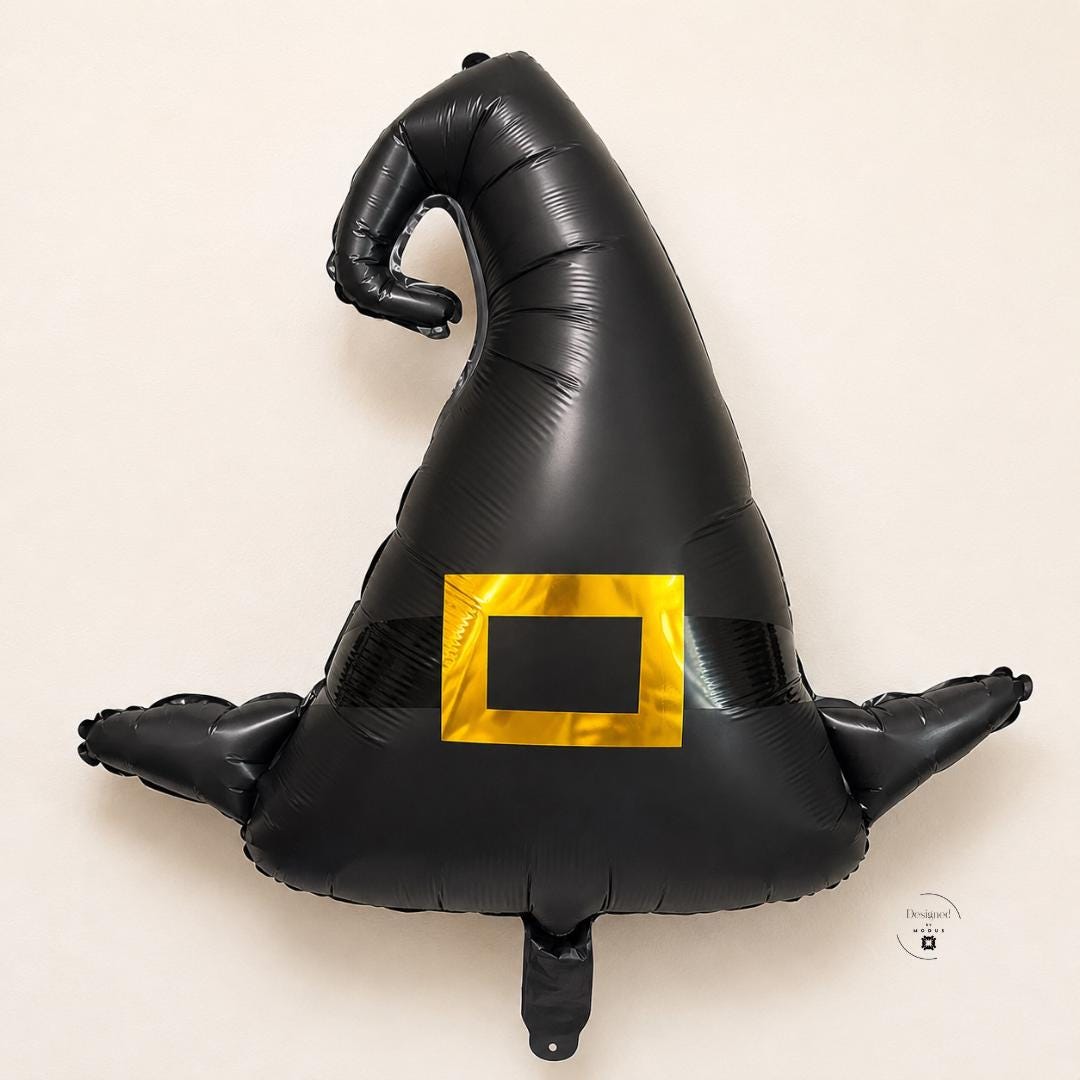 Witch Hat Balloon Party Decoration Photo Booth Prop Accessory Black Foil Mylar Inflatable Air Novelty Spooky Theme Birthday Event Supply October Celebration Autumn Decor Season Essential Yellow Buckle Detail Curved Pointed Top Wide Brim
