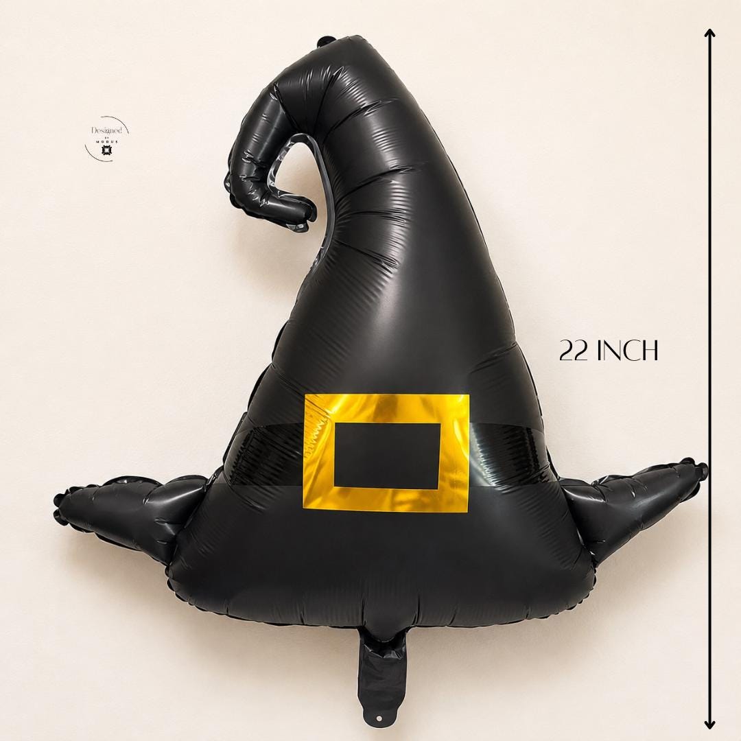 Black Foil Mylar Balloon Witch Hat Shape Party Decoration Photo Booth Prop Accessory Inflatable Air Novelty Spooky Theme Birthday Event Supply October Celebration Autumn Decor Yellow Buckle Detail Curved Pointed Top Wide Brim Design Party