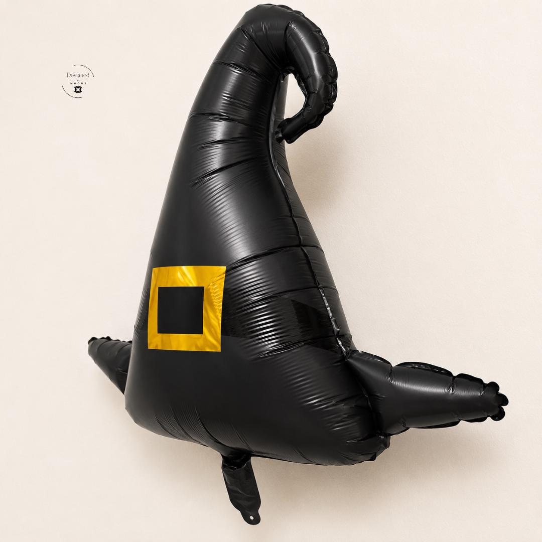 Inflatable Air Novelty Witch Hat Balloon Party Decoration Photo Booth Prop Accessory Black Foil Mylar Spooky Theme Birthday Event Supply October Celebration Autumn Decor Season Essential Yellow Buckle Detail Curved Pointed Top Wide Brim
