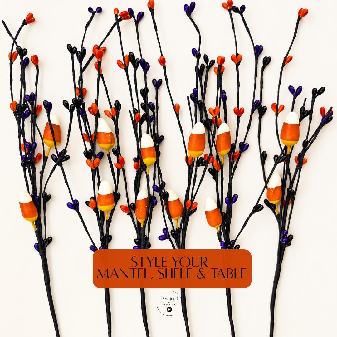 Festive Piece Black Wire Floral Stem Halloween Wreath Supplies Craft Materials Fall Centerpiece Party Display Seasonal Arrangement Candy Corn Ornaments Orange Purple Black Berry Tips Autumn Craft DIY Wreath Making Home Styling Fourteen Inch