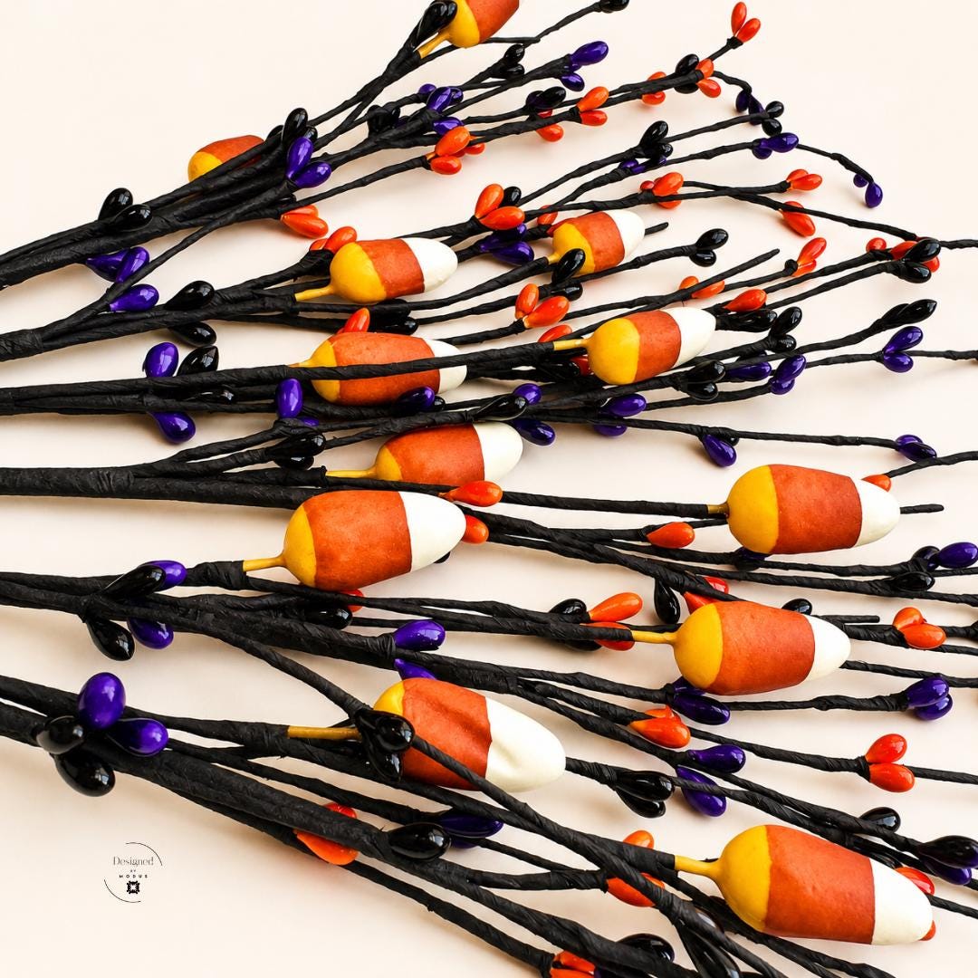 Festive Piece Black Wire Floral Stem Halloween Wreath Supplies Craft Materials Fall Centerpiece Party Display Seasonal Arrangement Candy Corn Ornaments Orange Purple Black Berry Tips Autumn Craft DIY Wreath Making Home Styling Fourteen Inch