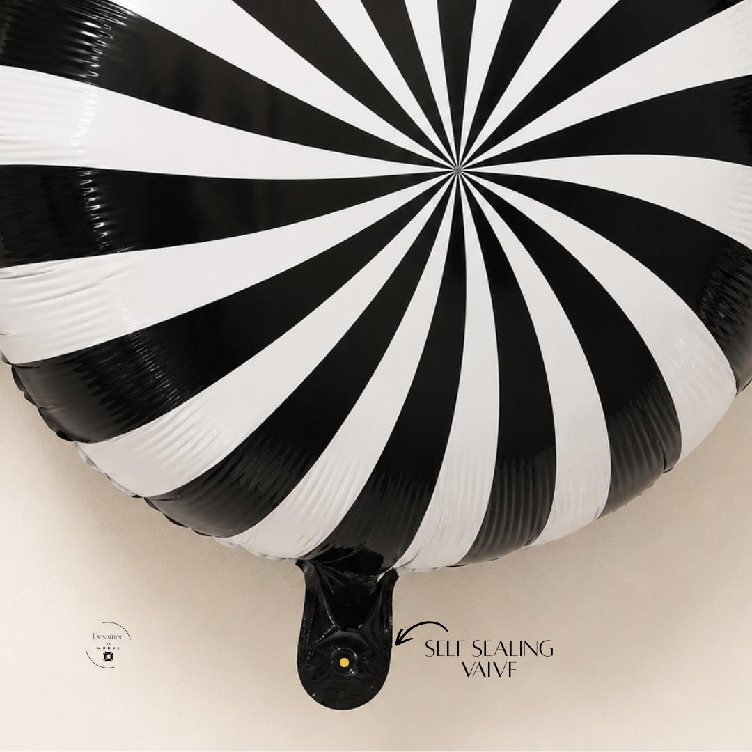 Black White Swirl Peppermint Balloon Candy Design Mylar Foil Party Centerpiece Birthday Decoration Sweet Sixteen Celebration Halloween Theme Inflatable Prop Dessert Table Display Photo Booth Backdrop Twisted Wrapper Ends Ribbon Details Air