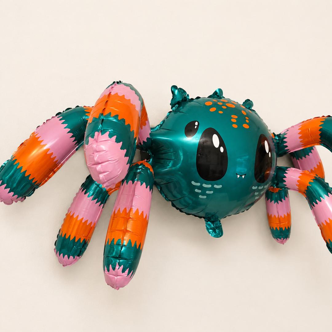 Toddler Gift Cute Spider Balloon Mylar Standing Air Filled Design Kids Birthday Party Supply Halloween Celebration Essential Foil Novelty Children Event Decoration Cartoon Character Teal Orange Pink Striped Legs Self Standing Indoor