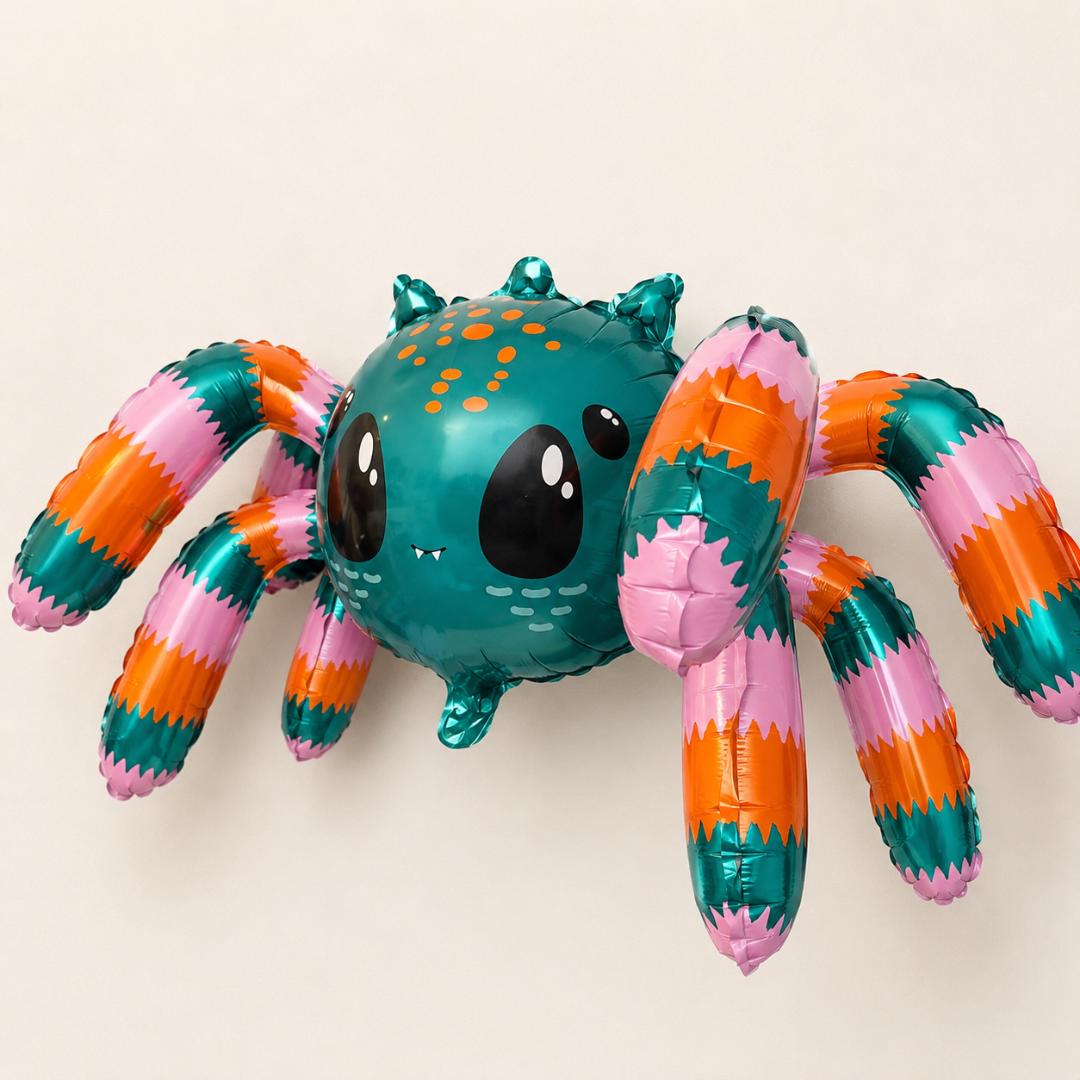 Spider Balloon Mylar Standing Air Filled Foil Design Halloween Party Kids Birthday Celebration Cute Cartoon Character Teal Orange Pink Striped Legs Toddler Gift Supply Children Event Decoration Self Standing Indoor Preschool Fun Novelty Non