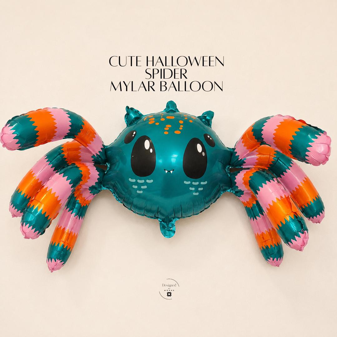 Novelty Balloon Children Event Preschool Fun Halloween Party Supply Kids Birthday Celebration Cute Spider Mylar Standing Air Filled Foil Design Cartoon Character Teal Orange Pink Striped Legs Toddler Gift Self Standing Indoor Decoration Non