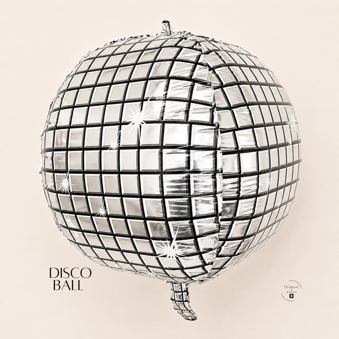 Party Atmosphere Celebration Balloon Disco Ball Mirror Sphere Nineteen Inch Silver Foil Mylar Inflatable Birthday Dance Event Supply Retro Theme Seventies Groovy Party Shiny Metallic Reflective Surface Black Grid Pattern Design Nostalgic