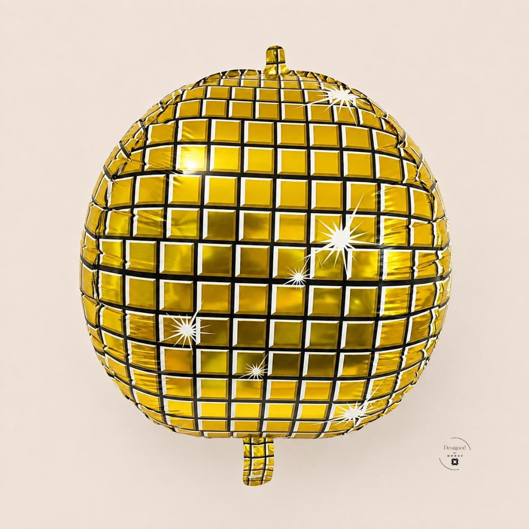 Disco Ball Balloon Party Decoration Birthday Celebration Essential Gold Foil Design Mirrored Reflective Surface Retro Style Dance Theme Perfect New Year Event Supplies Metallic Gold Finish Spherical Shape 19 Inch Party Backdrop White