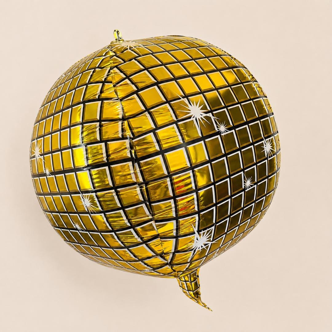 Disco Ball Balloon Party Decoration Birthday Celebration Essential Gold Foil Design Mirrored Reflective Surface Retro Style Dance Theme Perfect New Year Event Supplies Metallic Gold Finish Spherical Shape 19 Inch Party Backdrop White