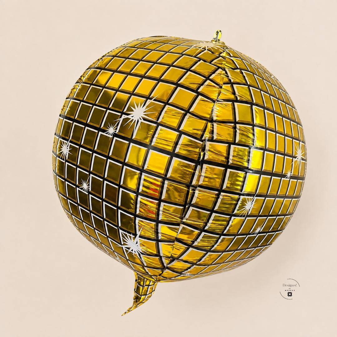 Mirrored Sphere Balloon Disco Ball Party Decoration Gold Foil Design Birthday Celebration Supplies Retro Dance Theme Event Essential Metallic Reflective Surface 19 Inch Party Backdrop Spherical Shape White Sparkle Grid Pattern New Year