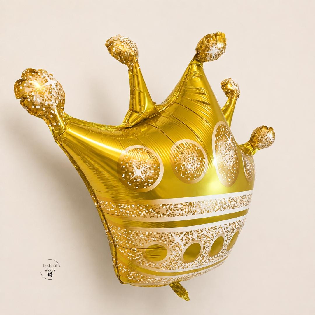 Dessert Table Centerpiece Gold Crown Balloon Display Royal Theme Princess Party Birthday Decoration Baby Shower Gender Reveal Photo Backdrop Prop Large Mylar Foil Metallic Finish Glitter Confetti Sparkle Accents Five Pointed Tips Oval Gem