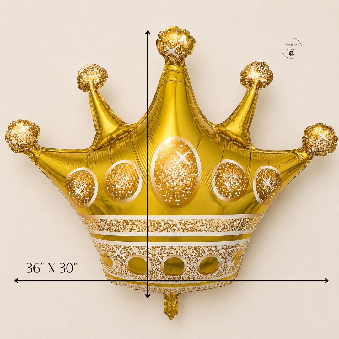 Princess Party Birthday Gold Crown Balloon Metallic Foil Decoration Baby Shower Gender Reveal Celebration Supplies Glitter Confetti Sparkle Accents Five Pointed Tips Oval Gem Designs Royal Theme Photo Backdrop Dessert Table Centerpiece