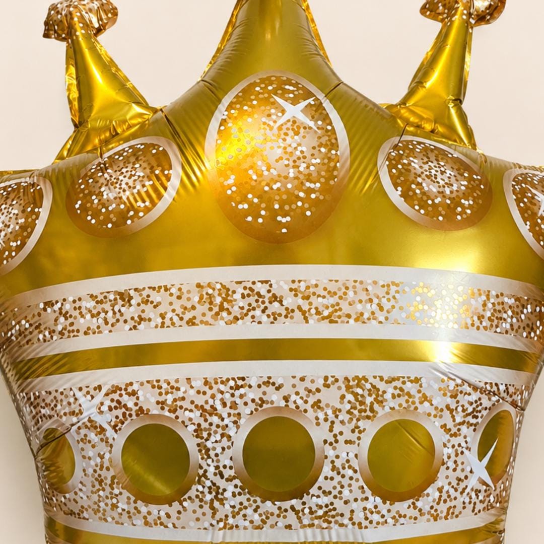 Gender Reveal Photo Backdrop Gold Crown Balloon Princess Party Birthday Decoration Baby Shower Celebration Supplies Dessert Table Centerpiece Display Royal Theme Large Mylar Foil Metallic Finish Glitter Confetti Details White Sparkle