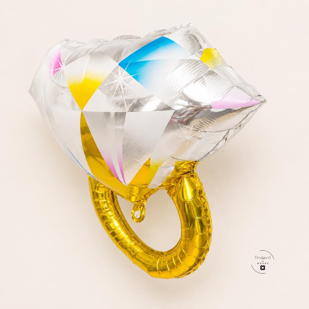 Large Foil Balloon Engagement Ring Design Bridal Shower Party Decoration Bachelorette Party Photo Prop Diamond Shape Balloon Metallic Gold Band Iridescent Finish Wedding Anniversary Celebration Gift Proposal Surprise Essential Event