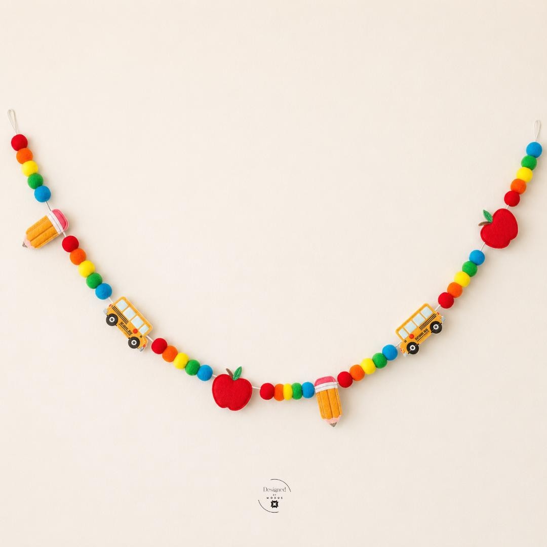 Felt Ball Garland Rainbow Classroom Wall Hanging Teacher Appreciation Gift Back To School Bus Decoration Nine Foot Length Thirty Five Colorful Felt Balls Apple Pencil Shapes Preschool Room Banner Nursery Felt Bead Bunting Educational Theme