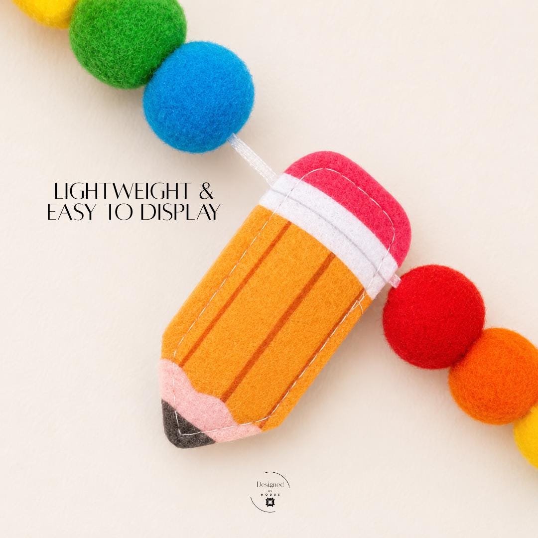 School Bus Decoration Felt Ball Garland Rainbow Classroom Wall Hanging Educational Theme Teacher Gift Back To School Banner Preschool Room Nursery Felt Bead Bunting Nine Foot Length Apple Pencil Shapes Thirty Five Colorful Balls Handmade