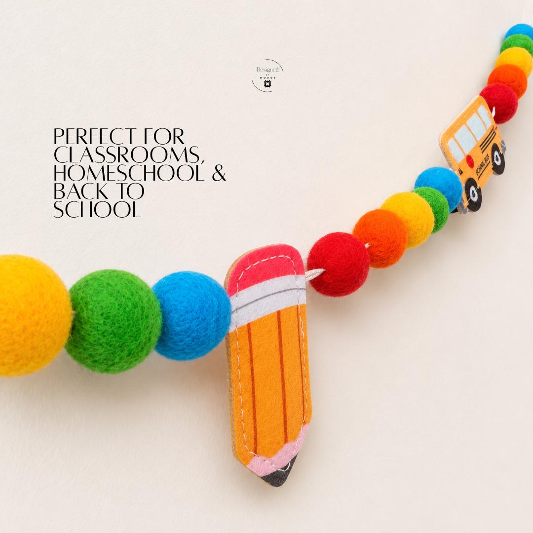 Felt Ball Garland Rainbow Classroom Wall Hanging Teacher Appreciation Gift Back To School Bus Decoration Nine Foot Length Thirty Five Colorful Felt Balls Apple Pencil Shapes Preschool Room Banner Nursery Felt Bead Bunting Educational Theme