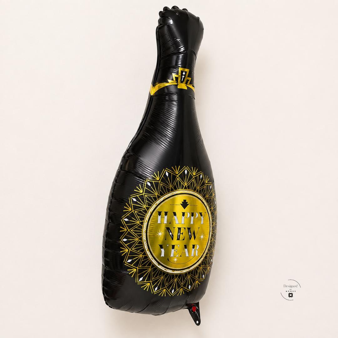 Art Deco Balloon Design Champagne Bottle Shape Black Gold White Pattern 29 Inch Foil Material Happy New Year Text Yellow Label Band Self Sealing Easy Inflation Party Countdown Celebration Eve Festive Event Photo Backdrop Centerpiece