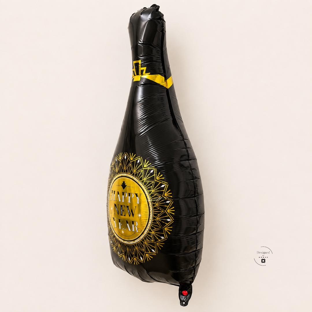 New Year Celebration Balloon Champagne Bottle Shape Foil Material 29 Inch Large Size Black Gold Design Art Deco Pattern Yellow Label Band Self Sealing Valve Party Countdown Event Festive Centerpiece Photo Backdrop Inflatable Prop Perfect