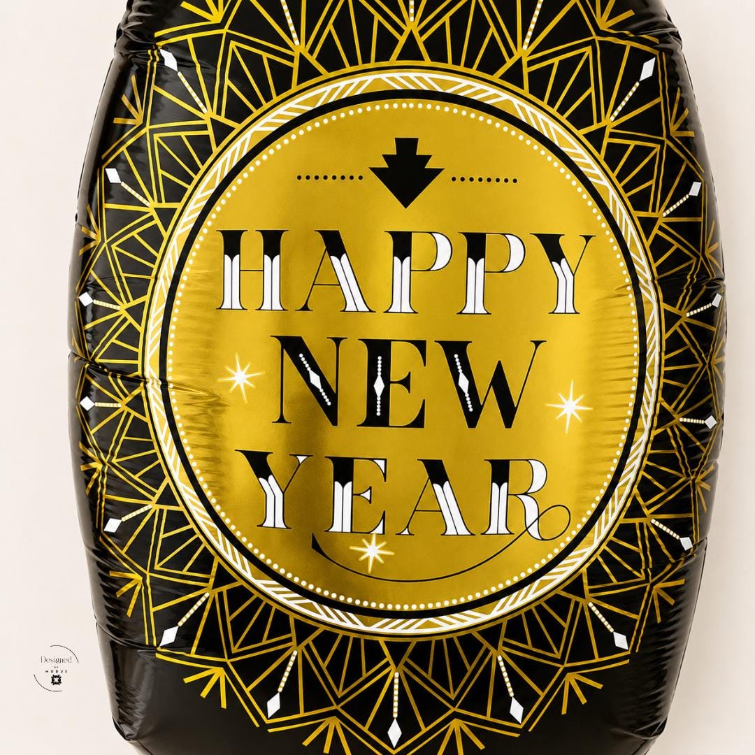 Photo Backdrop Balloon Champagne Bottle Design 29 Inch Foil Material Happy New Year Text Art Deco Geometric Pattern Black Gold White Self Sealing Valve Party Countdown Celebration Eve Festive Event Centerpiece Inflatable Prop Perfect Office