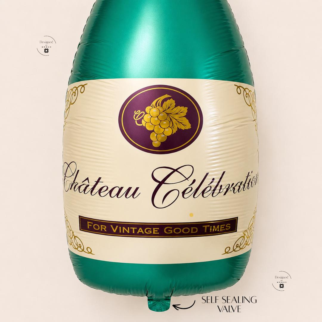 Metallic Gold Teal Mylar Foil Balloon Wine Bottle Design Birthday Party Supplies Anniversary Wedding Celebration Milestone Event Centerpiece Elegant Festive Gift Idea Perfect Party Display Chateau Celebration Text Grape Pattern