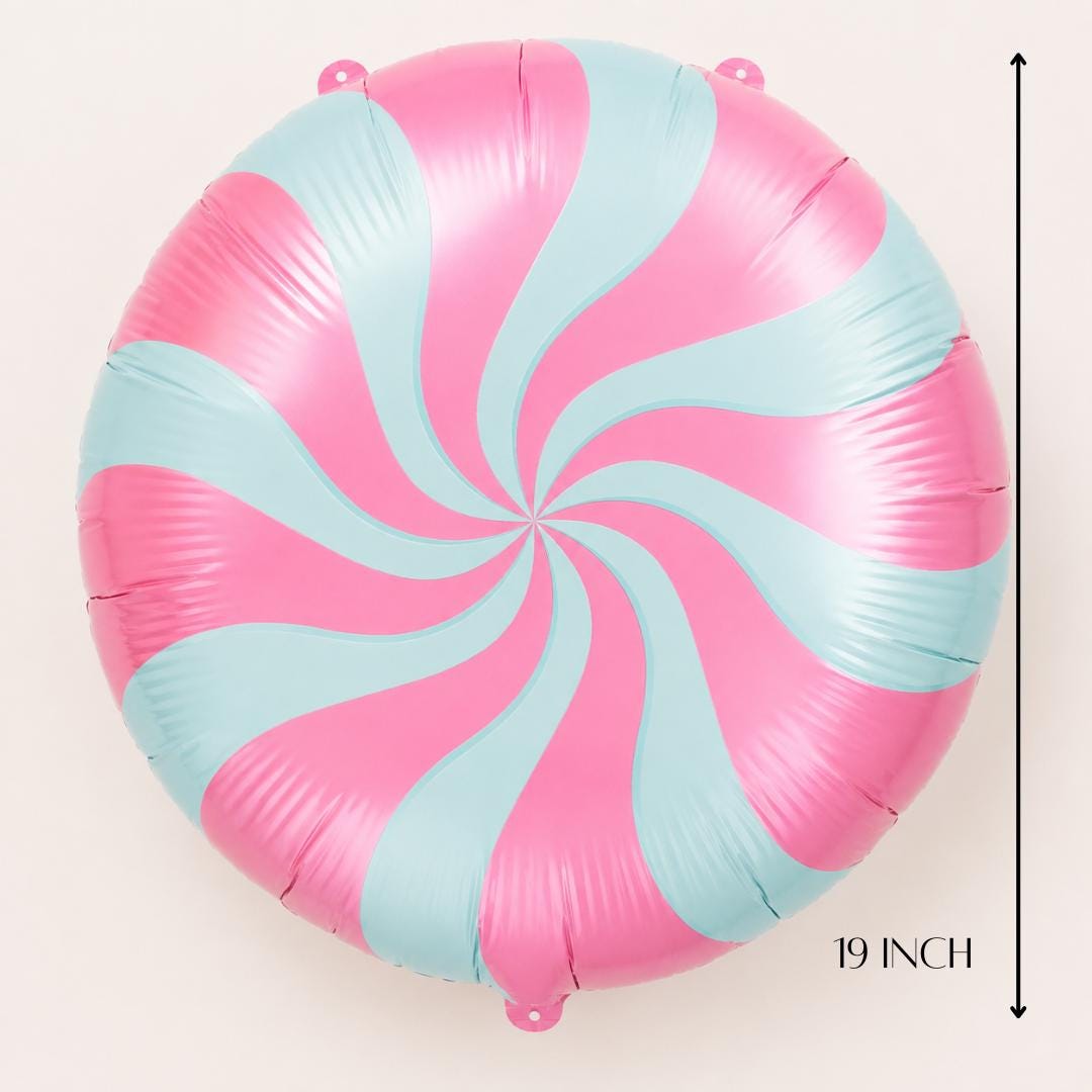Lollipop Shape Balloon Pink Blue Swirl Design Pastel Striped Pattern Mylar Foil Construction Birthday Party Decoration Baby Shower Celebration Theme Display Whimsical Party Supply Element Celebration Event Styling Nineteen Inch Balloon