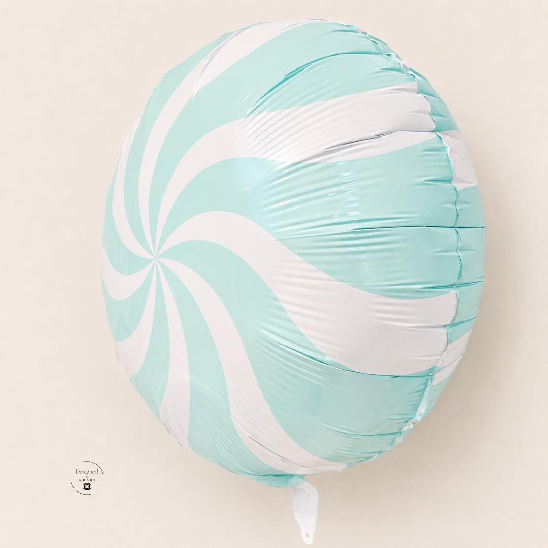 Dessert Table Photo Backdrop Candy Balloon Party Display Aqua Blue Peppermint Swirl Pinwheel Design Mylar Foil Air Inflatable Round Birthday Celebration Baby Shower Bridal Theme Event Party Room Decoration Vintage Sweet Treat Whimsical