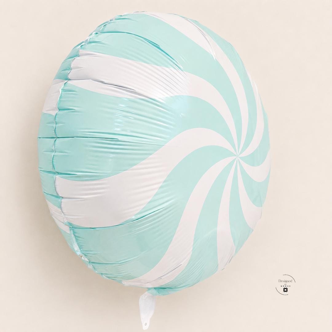 Round Shape Mylar Foil Candy Balloon Air Inflatable Party Birthday Celebration Aqua Blue White Peppermint Swirl Pinwheel Design Baby Shower Bridal Theme Dessert Table Photo Backdrop Event Display Vintage Sweet Treat Party Room Decoration