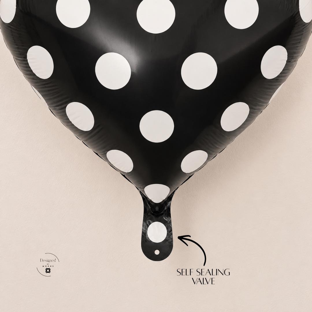 Photo Backdrop Heart Balloon Mylar Foil Eighteen Inch Polka Dot Pattern Party Supplies Celebration Centerpiece Table Display Air Inflation Black White Design Birthday Party Anniversary Gift Valentine Romantic Theme Collection Party