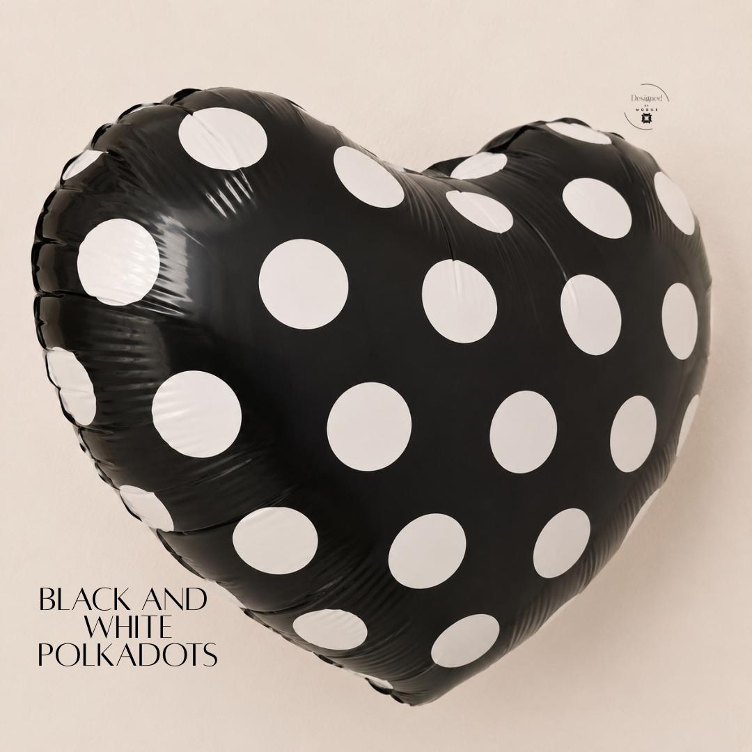 Heart Mylar Balloon Birthday Party Supplies Celebration Eighteen Inch Foil Balloon Polka Dot Pattern Black White Design Air Inflation Party Centerpiece Table Display Photo Backdrop Prop Anniversary Gift Collection Romantic Theme Party