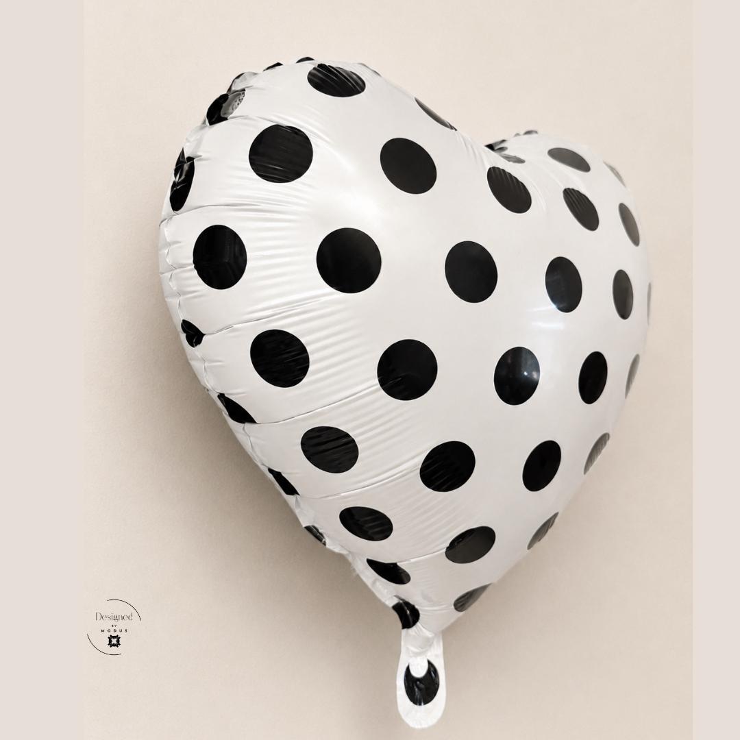 Party Decoration Foil Balloon Heart Shape Design Metallic Surface Polka Dot Pattern White Black Theme Wedding Anniversary Celebration Valentine Baby Shower Bridal Supply Birthday Centerpiece Helium Inflatable Mylar Material Eighteen Inch
