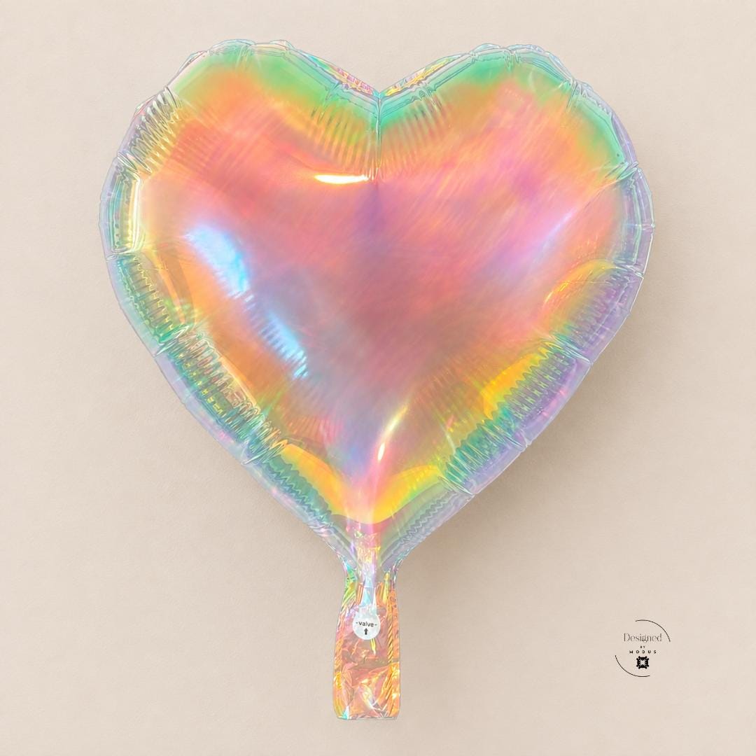 Heart Balloon Birthday Party Decoration Wedding Centerpiece Valentine Gift Baby Shower Bridal Anniversary Celebration Supply Holographic Iridescent Mylar Foil Rainbow Pastel Colors Scalloped Edge Detail 18 Inch Size Perfect Photo Backdrop