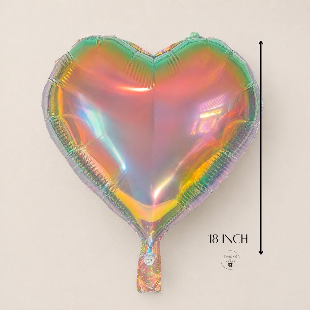Party Decoration Wedding Centerpiece Heart Balloon Birthday Celebration Supply Valentine Gift Baby Shower Bridal Anniversary Event Holographic Iridescent Mylar Foil Rainbow Pastel Colors Scalloped Edge Detail 18 Inch Size Photo Backdrop