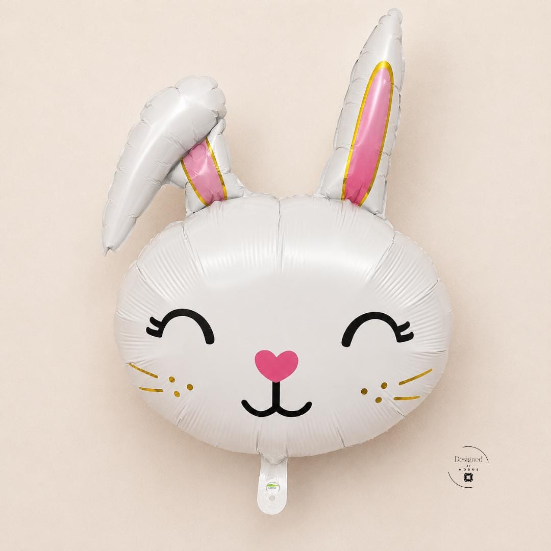 Bunny Balloon Party Decoration Easter Celebration Baby Shower Spring Theme Kids Birthday Rabbit Air Inflatable White Mylar Animal Photo Backdrop Nursery Gift Large Size Foil Design Gold Accent Details Pink Heart Nose Smiling Face Long Ears