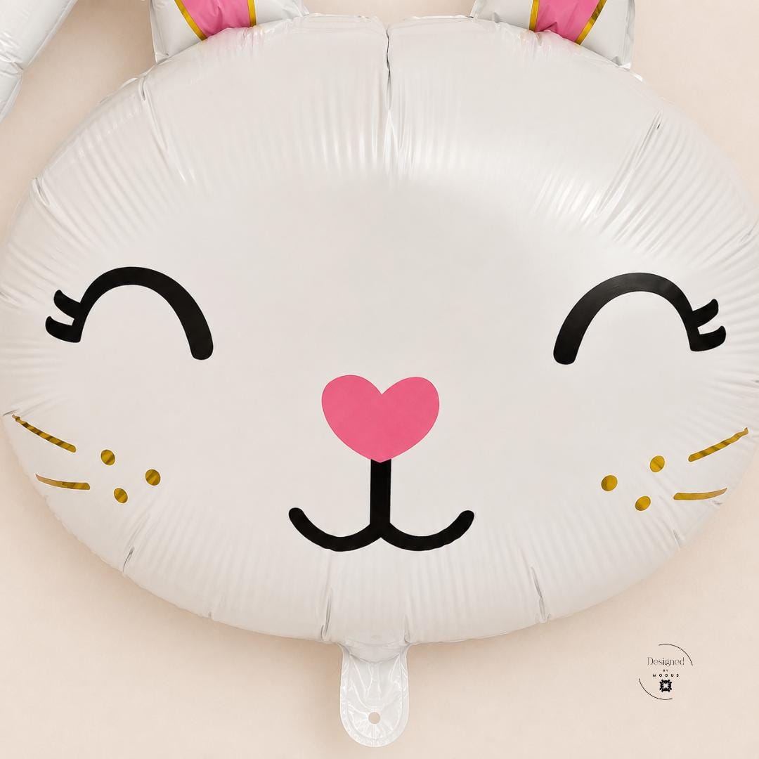 Large Bunny Foil Balloon White Mylar Animal Design Air Inflatable Party Decoration Easter Celebration Theme Baby Shower Kids Birthday Rabbit Character Smiling Face Gold Accent Whiskers Pink Heart Nose Long Ears Photo Backdrop Spring Party